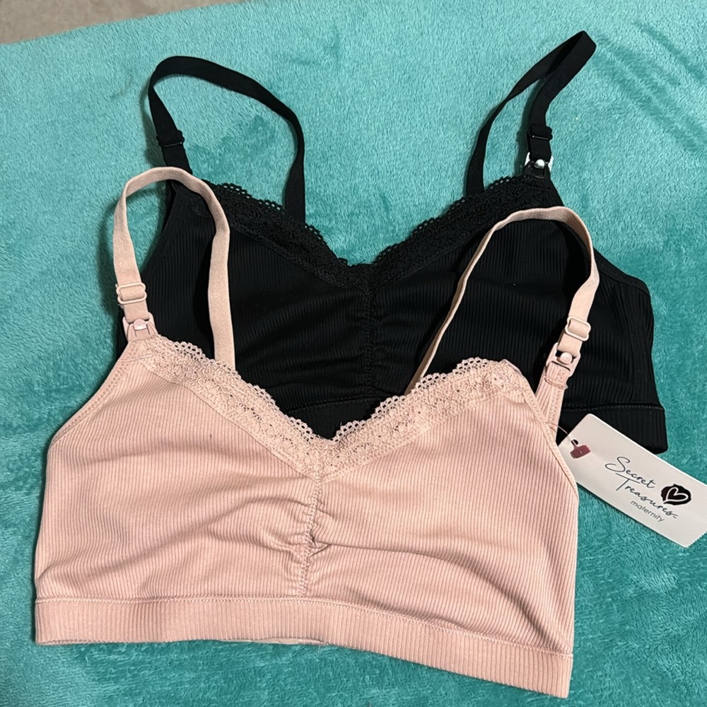 Secret Treasures NURSING Maternity Ribbed Lace Trim Bralettes 2 Pack  Sm NWT
